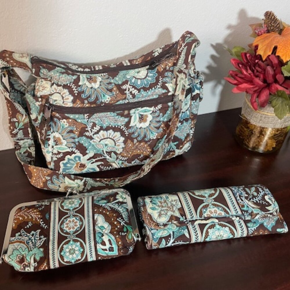 Vera Bradley purse with matching wallet, makeup bag.